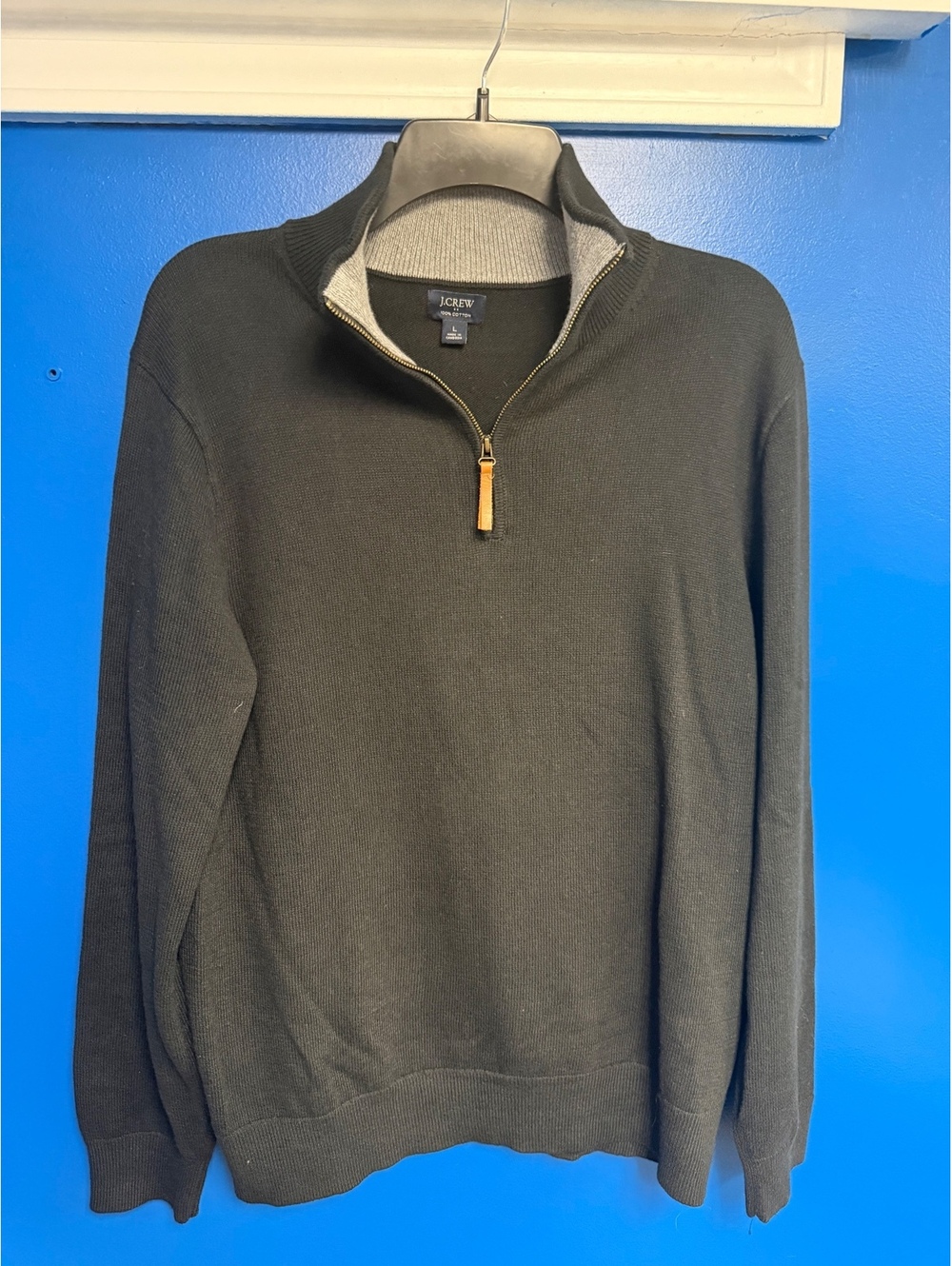 J.Crew Black 100% Cotton Quarter Zip Pullover Sweater Mens Large Leather Pull